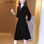 卡搭（kraallda）復古國風(fēng)v領(lǐng)真絲絲絨連衣裙女長(cháng)袖修身顯瘦修身顯瘦系帶中長(cháng)裙 黑色 L