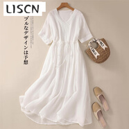 LISCN白色苧麻短袖連衣裙女夏季優(yōu)雅氣質(zhì)蕾絲拼接V領(lǐng)顯瘦大擺棉麻長(cháng)裙 白色 XL 130-145斤