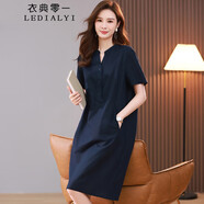 衣典零一（LEDIALYI）2025夏季女裝新款休閑氣質(zhì)中年棉麻連衣裙遮肚子顯瘦亞麻裙子夏天 藏青色 M （建議90-115斤）