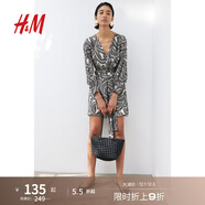 H&M女裝花卉連衣裙秋季法式通勤V領(lǐng)燈籠袖腰部系帶連身裙1229402 白色/黑色印花 165/96 M