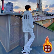 莫小刀美式高街連帽衛衣男春秋冬季加絨加厚重磅寬松簡(jiǎn)約高級感外套男 白色 加絨 L 100-120斤