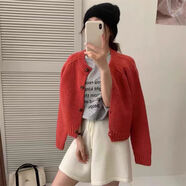 MONTAGUT韓系羊毛糖果色圓領(lǐng)時(shí)尚針織開(kāi)衫女秋冬保暖毛衣外套羊毛針織衫 紅色 M