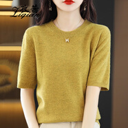 孜茜春款圓領(lǐng)套頭純羊毛短袖毛衣女寬松韓版半袖針織打底衫薄款T恤 芥末黃色 2XL