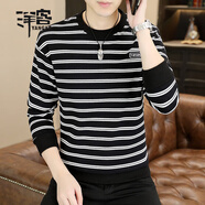 洋客高端條紋男士長(cháng)袖t恤圓領(lǐng)修身休閑秋季新款帥氣百搭潮流打底衫 黑色 常規款 2XL  適合150-165斤