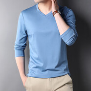 七匹狼夾克專(zhuān)家長(cháng)袖t恤男V領(lǐng)雙絲光純棉春秋裝純色內搭薄款雞心領(lǐng)潮流打底體恤衫 淺藍色 S 165 (適合105-120斤)