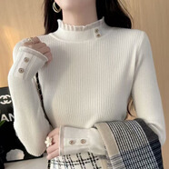 香影芬半高領(lǐng)毛衣打底衫女秋冬短款2025新款韓版修身內搭蕾絲針織衫上衣 白色 2XL (建議125-135斤)
