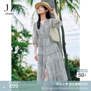 玖姿·安娜蔻優(yōu)雅民族風(fēng)多層雪紡蛋糕裙收腰連衣裙女2025夏季新款 花紋藍色 M