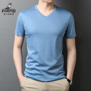 富鋌（FORTEI）男V領(lǐng)短袖純棉夏季純色簡(jiǎn)約上衣男士韓版休閑100%絲光棉體恤衫 淺藍 105/165/M/48