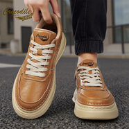 鱷魚(yú)恤男鞋冬季防滑百搭運動(dòng)休閑皮鞋潮流真皮防水厚底耐磨平板鞋 棕色 41