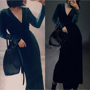 輕熟風(fēng)春裝歐美復古一片式連衣裙絲絨厚秋冬長(cháng)裙顯瘦裹身大碼裹裙 墨綠色 5XL （180-200）