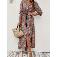 歐美波西米亞度假民族風(fēng)印花夏V領(lǐng)收腰棉綢7分袖連衣裙沙灘長(cháng)裙子 紅棕色 S S