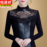 恒源祥常規/加絨秋季蕾絲打底衫女秋冬半高領(lǐng)PU皮拼接長(cháng)袖保暖顯瘦上衣 黑色【不加絨款】 4XL 建議【145斤-155斤】