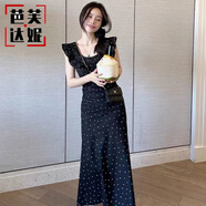 芭芙達妮法式碎花波點(diǎn)飛飛袖方領(lǐng)吊帶連衣裙女2025夏季新款氣質(zhì)收腰長(cháng)裙 溫柔風(fēng)黑色波點(diǎn)連衣裙 S