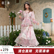 兩三事櫻色之戀 2025春季新款荷葉邊拼接印花雪紡連衣裙飄逸長(cháng)裙 粉花色 L