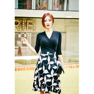 歐洲新款女印花拼接大擺連衣裙氣質(zhì)V領(lǐng)裹胸系帶顯瘦修身裹身裙 圖片色 XS