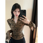 純欲性感豹紋p領(lǐng)長(cháng)袖上衣女春秋辣妹夜店緊身打底衫女T恤潮 豹紋 S