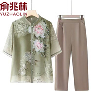 俞兆林中老年媽媽夏裝兩件套裝中袖雪紡襯衫老人襯衣印花中年母親節禮物 綠色上衣+卡其褲子 3XL 110-125斤