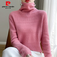 皮爾卡丹（pierre cardin）品牌成衣堆堆領(lǐng)針織線(xiàn)毛衫女鏤空秋冬季高領(lǐng)針織打底毛呢衫女寬松 粉色 S