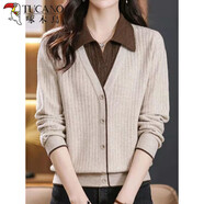 啄木鳥(niǎo)（TUCANO）翻領(lǐng)假兩件襯衫針織衫大碼時(shí)尚氣質(zhì)中年女裝秋冬長(cháng)袖寬松洋氣毛衣 米白色薄 輕薄 均碼 建議80-140斤