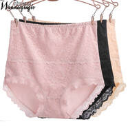 完美情侶【3條裝】棉質(zhì)女士?jì)妊澟愿懈哐苌頍o(wú)痕蕾絲花邊收腹三角褲 提臀包臀大碼肥MM女式內褲收腹褲 水晶粉+黑色+杏色 XXL(高腰)2尺4至2尺7適合130至160斤