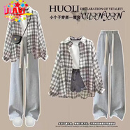 JAVC2025夏季新款套裝女學(xué)生韓版寬松格子衣襯衫+短袖T恤+工裝褲三件 白格子襯衫短袖T恤+灰褲子 L 建議110-125斤