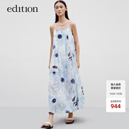 edition吊帶裙女新款度假風(fēng)水墨畫(huà)印花棉麻連衣裙抹胸長(cháng)裙 白底藍花色 S 160