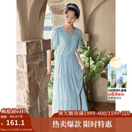 茵曼（INMAN）法式薄荷曼波連衣裙2024夏女裝新品V領(lǐng)燈籠袖抽繩 紺藍色 M