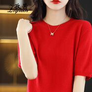 孜茜春款圓領(lǐng)套頭純羊毛短袖毛衣女寬松韓版半袖針織打底衫薄款T恤 紅色 2XL