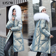 LISCN亮面免洗棉服女中長(cháng)款2025新款百搭加厚保暖棉衣時(shí)尚洋氣棉襖外套 藍色加厚 M 80-105斤