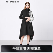 S.DEER圣迪奧春秋季女裝時(shí)尚立領(lǐng)字母膠印網(wǎng)紗拼接連衣裙S21381219 黑色/91 S/160