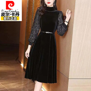 皮爾卡丹（pierre cardin）小黑裙高領(lǐng)長(cháng)袖感裙子2022春秋黑色金絲絨連衣裙高貴洋氣 黑色 XL 115-125斤