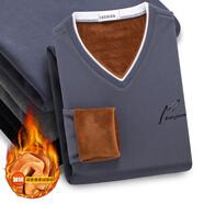 南極人（Nanjiren）保暖內衣男士秋冬季加絨加厚打底衫潮牌小v領(lǐng)長(cháng)袖t恤修身防寒秋衣 藍灰加絨QY929 2XL 體重135-155