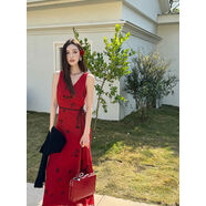 QBD夏季復古紅雪紡裙顯瘦V領(lǐng)高腰氣質(zhì)連衣裙拖地長(cháng)裙度假裙 復古紅-常規版建議165cm以下，現貨 S S100斤內