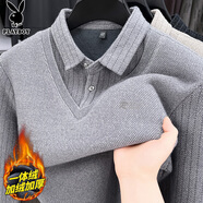 花花公子（PLAYBOY）毛衣男假兩件外套男士冬季針織衫男加絨加厚保暖休閑線(xiàn)衣服