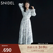 SNIDEL秋冬甜美碎花系帶收腰百褶雪紡連衣裙SWFO245033 淺藍色 S （0）