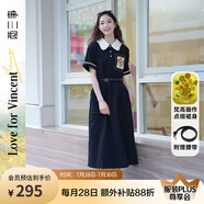 兩三事梵高文藝 梵花遺夢 2025夏季新款印花布拼接撞色翻領(lǐng)連衣裙 黑色-y S