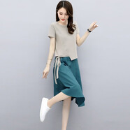 春麗珠棉麻連衣裙女裝2024夏季新款韓版收腰顯瘦亞麻兩件套套裝裙子夏天 米灰+藍 3XL