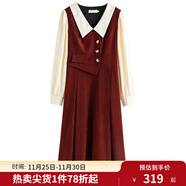 獨束大碼女裝假兩件撞色襯衫領(lǐng)連衣裙女秋冬微胖mm文藝復古穿搭裙子 勃艮第紅【適合160左右】 4XL