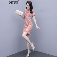 QIYUN 旗袍改良版連衣裙女夏年新款中國(guó)民族風(fēng)復(fù)古雪紡碎花夏天裙子 紅花 XL 【建議115-122斤】