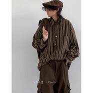 日系古著(zhù)vintage豎條紋長(cháng)袖襯衫男港風(fēng)復古原宿寬松工裝襯衣外套 棕色 M
