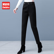 黛姿茹毛呢休閑褲女秋冬季2025新款高腰加絨褲子女寬松工裝人字紋哈倫褲 黑色/加絨款 29 /XL(115-125斤)