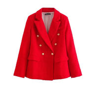 批發(fā)跨境2023年秋季新款女士歐美風(fēng)雙排扣時(shí)尚休閑寬松西裝外套女 紅色 S