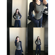 SKK溫網(wǎng)俱樂(lè )部韓女私服360G澳洲美利奴羊毛撞色插肩袖衛衣套裝 灰色休閑褲 S (嬌姐尺碼)