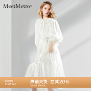 MeetMetro瑪依爾氛圍感連衣裙女2025春新款繡花鏤空泡泡袖襯衫裙甜美收腰裙 白色【現貨閃電發(fā)】 S