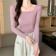 以純（YISHion）秋冬2025新款方領(lǐng)修身緊身長(cháng)袖打底針織衫上衣加厚加絨黑色毛衣女 淺紫色- 常規 均碼 高彈力 70-125斤