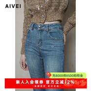 AIVEI欣賀艾薇2024冬季高腰修身燙鉆心形微喇牛仔長(cháng)褲C761905B 藍色 L
