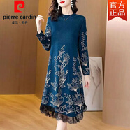 皮爾卡丹（pierre cardin）秋冬女洋氣遮肉毛衣裙氣質(zhì)寬松大碼媽媽裝針織衫中長(cháng)款圓領(lǐng)打底衫 藍色 L 建議100--120斤