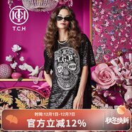TCH輕奢潮牌滿(mǎn)繡亮片炫酷骷髏黑色T恤T66A106106 黑色 S