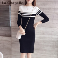 拉夏貝爾（La Chapelle）2025秋冬新款條紋針織T恤衫女中長(cháng)款韓版修身顯瘦氣質(zhì)包臀打底衫 黑白條紋 L