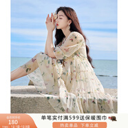 香影（xiangying）碎花連衣裙女2025年夏季新款系帶木耳邊仙氣海邊飄逸寬松裙子 米色 M